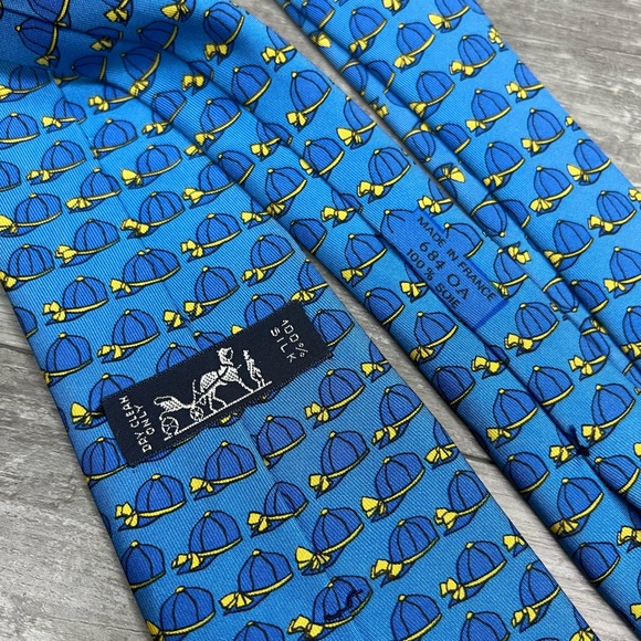 Hermes Paris 684 OA Blue & Gold Jockey Hat Pattern Tie - Picture 4 of 7